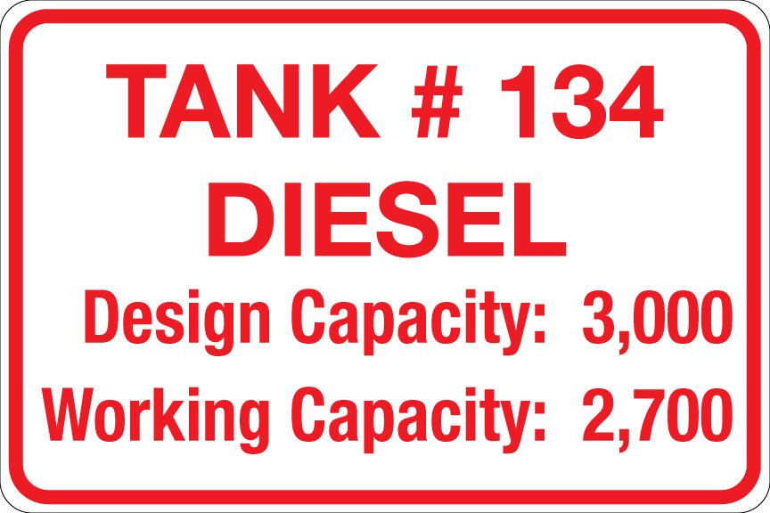 CAS-128-TC - 12.0"W X 8"H - Tank # - Product - Design and Working Capacity - Red on White background Aluminum Sign