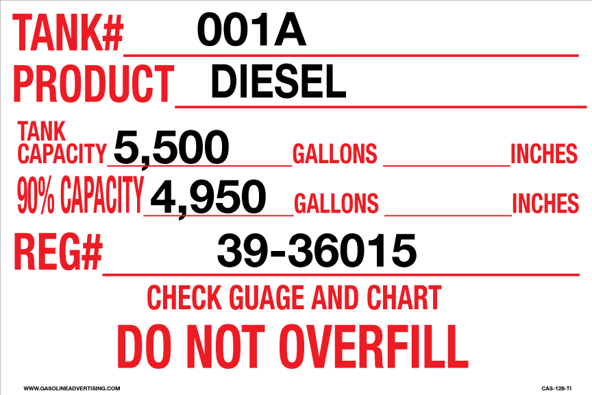 CAS-128-TC - 12.0"W X 8"H - Tank # - Product - Design and Working Capacity - Red on White background Aluminum Sign