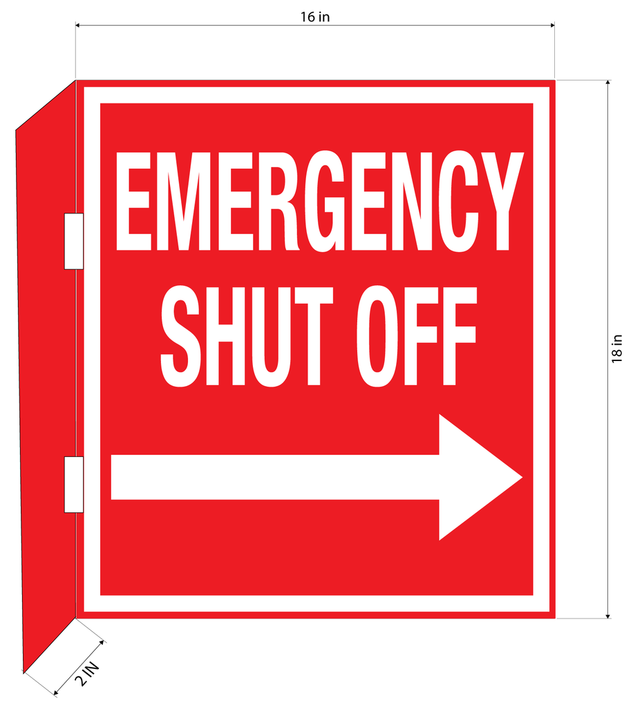 CBS21-03WR 18"w x 18"h "EMERGENCY SHUT OFF" with arrow and with 2" bent bracket with 2ea 52" clamps - White letters on Red background aluminum Sign - double-sided