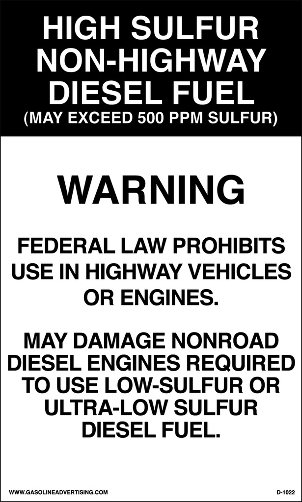 D1022 EPA Regulated Kerosene Decal - HIGH SULFUR...