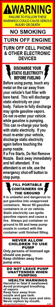 D-227 Fueling Instructions Decal - WARNING...