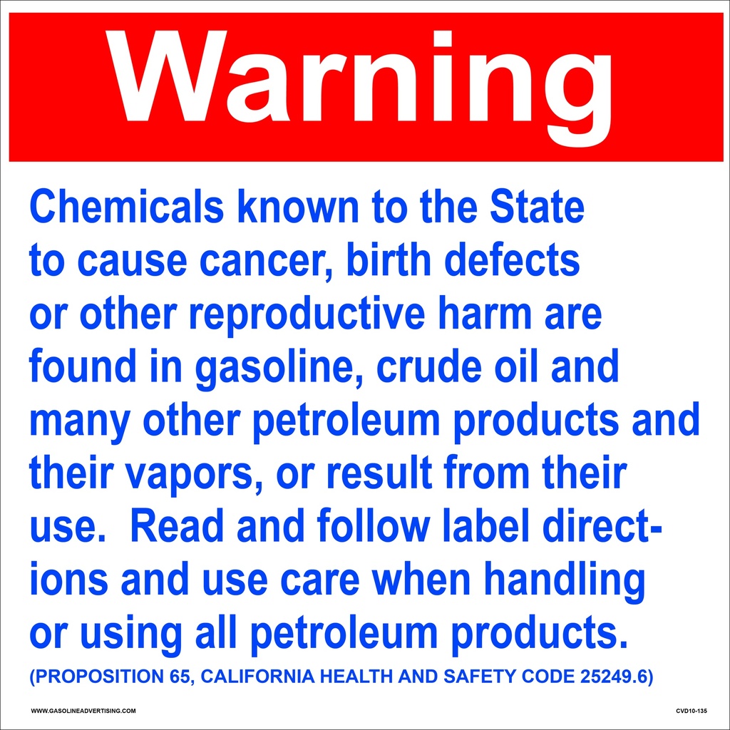 CVD10-135 - 12.0"W X 12.0"H - Health Warning & Safety Decal - WARNING...