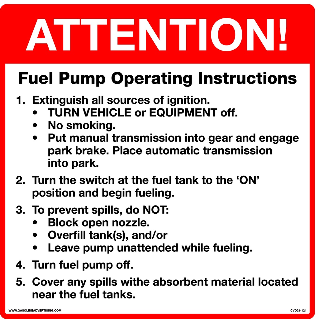 CVD21-124 - 12"W X 12"H - Fuel Pump Operating Instructions DECAL