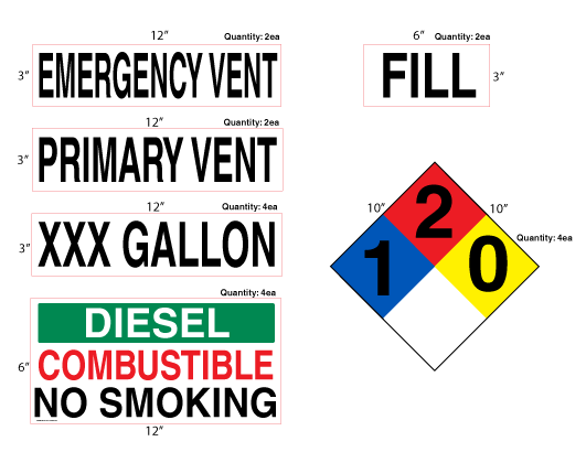 AST Diesel High Performance Graphic Kit - NFPA & Tank 3M Decals - 2 ea. - 12"w x 3"h Emergency Vent Decal 2 ea. - 12"w x 3"h Primary Vent Decal  4 ea. - 12"w x 3"h xxx Gallon Decal  2 ea. - 6"w x 3"h Fill Decal  4 ea. - 12"w x 6"h Diesel Decal  4 ea. - 10"w x 10"h NFPA Decal