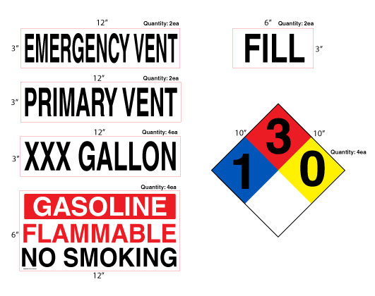 AST Gasoline High Performance Graphic Kit - NFPA & Tank 3M Decals - 2 ea. - 12"w x 3"h Emergency Vent Decal 2 ea. - 12"w x 3"h Primary Vent Decal  4 ea. - 12"w x 3"h xxx Gallon Decal  2 ea. - 6"w x 3"h Fill Decal  4 ea. - 12"w x 6"h Gasoline Decal  4 ea. - 10"w x 10"h NFPA Decal