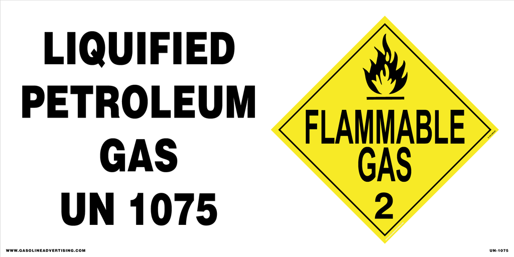 UN-1075 24" x 12" "Liquified Petroleum Gas UN1075" Yellow Diamond "Flammable Gas 2" - Black on White background