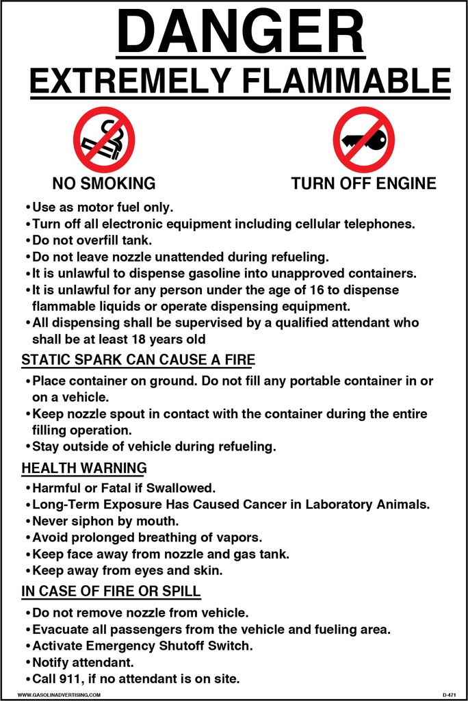 D-471 6" x 4" "Danger Extremely Flammable..No Smoking..Turn off Engine..." Black/Red on White decal