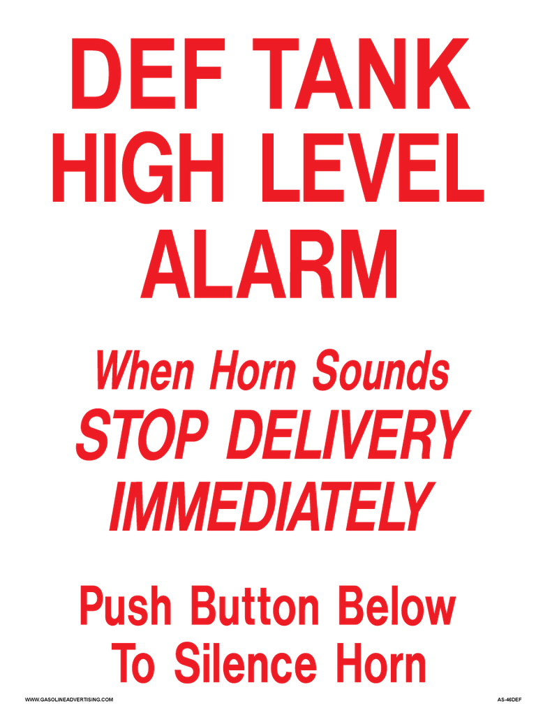 [AS-46-DEF] 12" X 16" - DEF TANK HIGH LEVEL ALARM Aluminum Sign