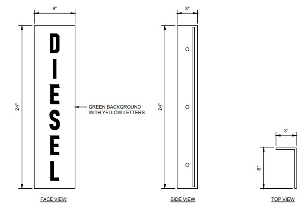 CBS-246-DSL 6"w x 24"h "DIESEL" Vertical - with 3" bent bracket with 2ea 52" clamps - Yellow letters on Green background aluminum Sign - double-sided