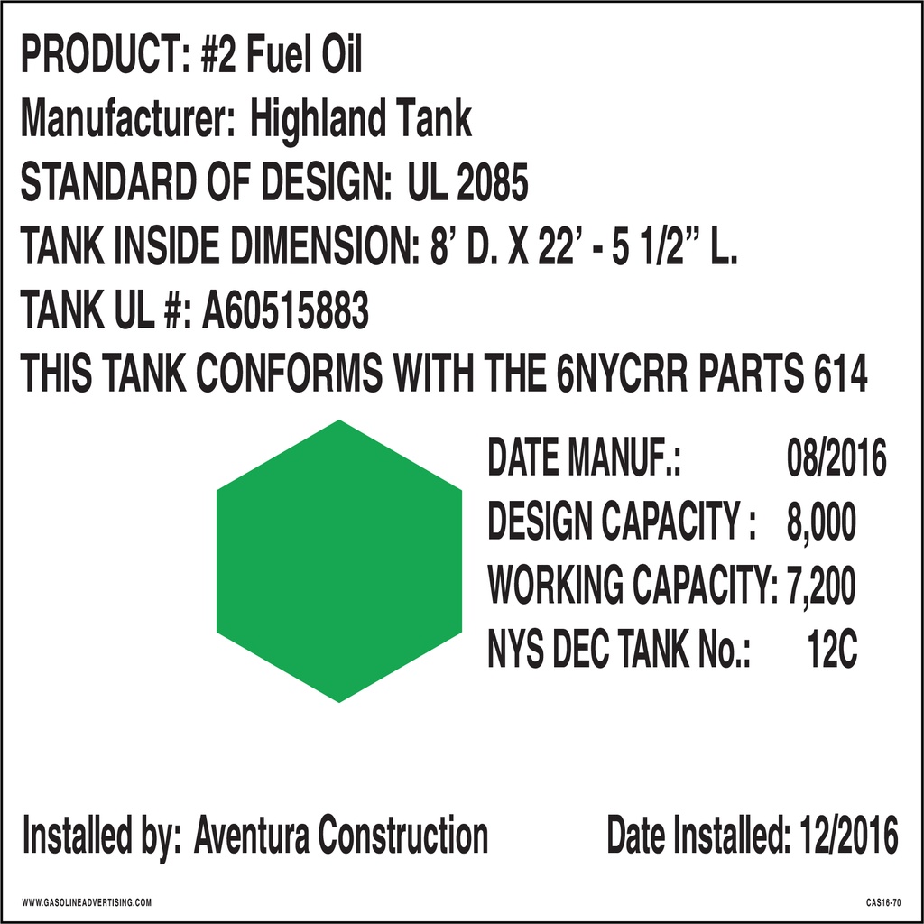 CAS16-70 - 6"W X 6"H - " TANK...." Information Custom Aluminum Sign - Black and Green on White Background