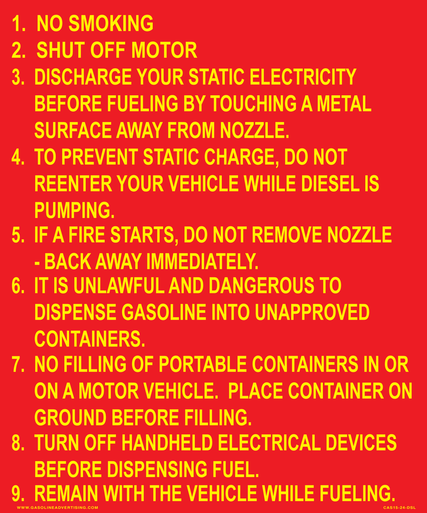 CAS15-24-DSL - 20" x 24" "No smoking Shut Off Motor..Diesel" Yellow on Red Aluminum