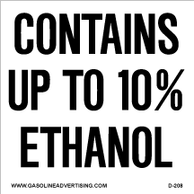 D-208  3" X 3" "CONTAINS UP TO 10% ETHANOL" Blk On White Decal