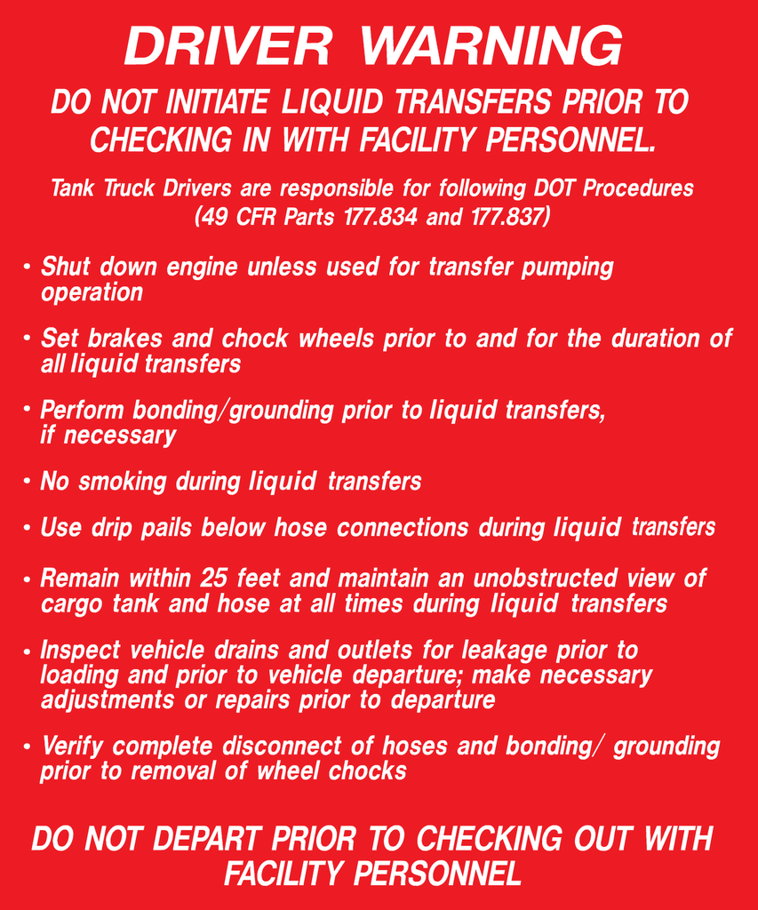 CAS-H2C  "WARNING: Do Not Initiate Fuel or Oil..." W/R CUSTOM ALUMINUM SIGN