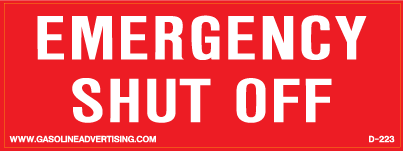 D-223 - 5.5"W X 2"H - EMERGENCY SHUT-OFF Decal - White on Red background