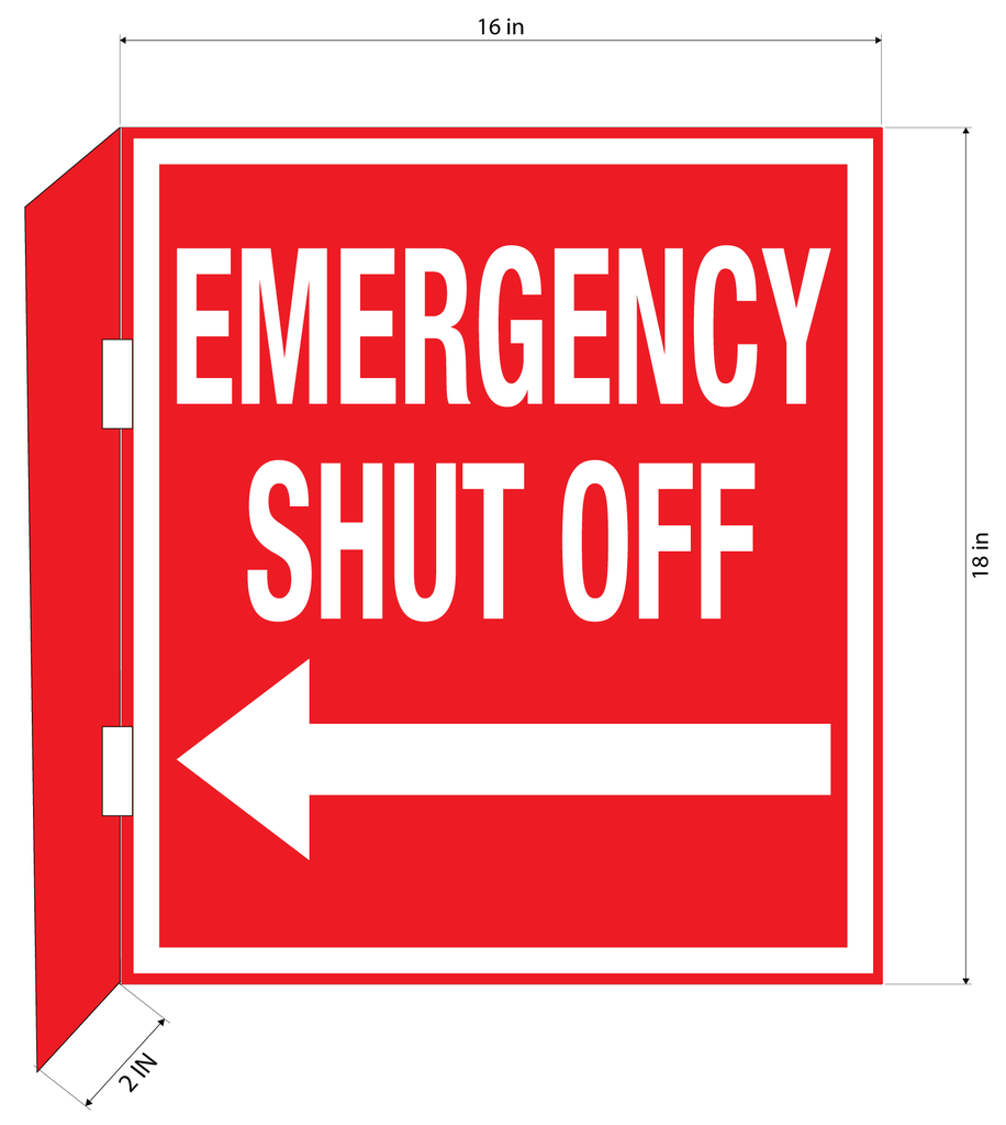 CBS25-02WR 18"w x 18"h "EMERGENCY SHUT OFF" with arrow and with 2" bent bracket with 2ea 52" clamps - White letters on Red background aluminum Sign - double-sided
