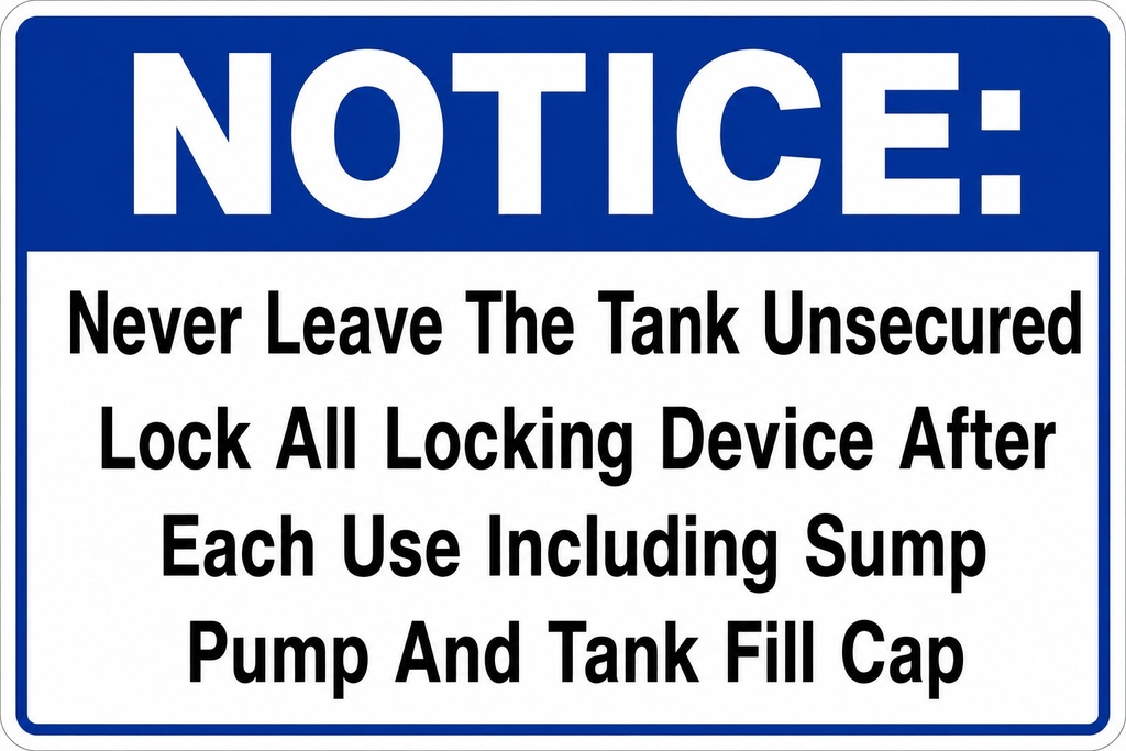 CVD-126-SUMP 6"X 12"Decal, "NOTICE: Never Leave The Tank Unsecured Lock All Locking Device After Each Use Including Sump Pump And Tank Fill Cap",