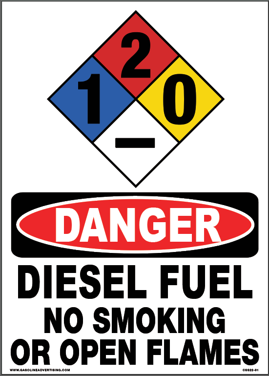 CSS22-01 10"w x 14"h "DANGER DIESEL FUEL NO SMOKING NO OPEN FLAMES" with NFPA diamond for Diesel - 1-2-0 White Styrene Sign