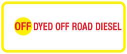 3.5" X 1.5" - DYED OFF ROAD DIESEL - with a .10" hole on the left center Red and Yellow on White Background, Foam Core Aluminum