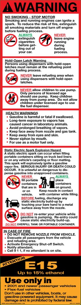 HPD-517-WARN-E15 - 4.5"W X 16.75"H - ! WARNING... Gasoline - E15 - 3M Decal with Lamination