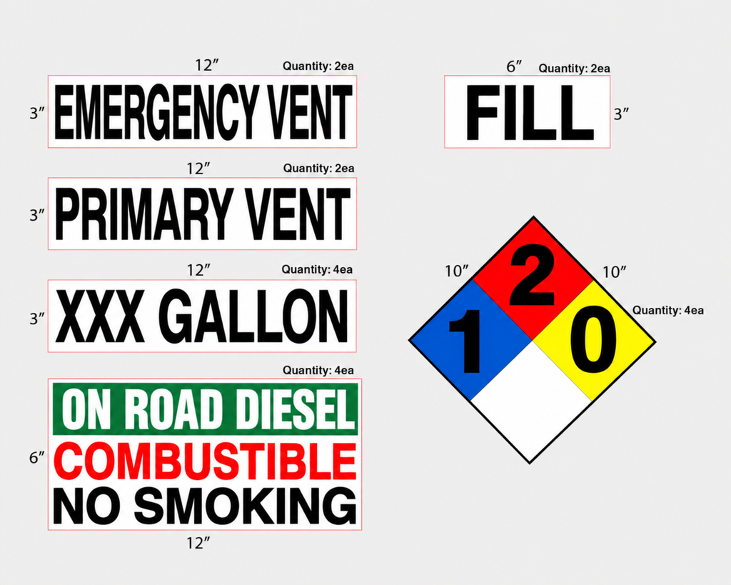 AST Gasoline High Performance Graphic Kit - NFPA & Tank 3M Decals - 2 ea. - 12"w x 3"h Emergency Vent Decal 2 ea. - 12"w x 3"h Primary Vent Decal  4 ea. - 12"w x 3"h xxx Gallon Decal  2 ea. - 6"w x 3"h Fill Decal  4 ea. - 12"w x 6"h Product Decal  4 ea. - 10"w x 10"h NFPA Decal - 3M Decal with lamination
