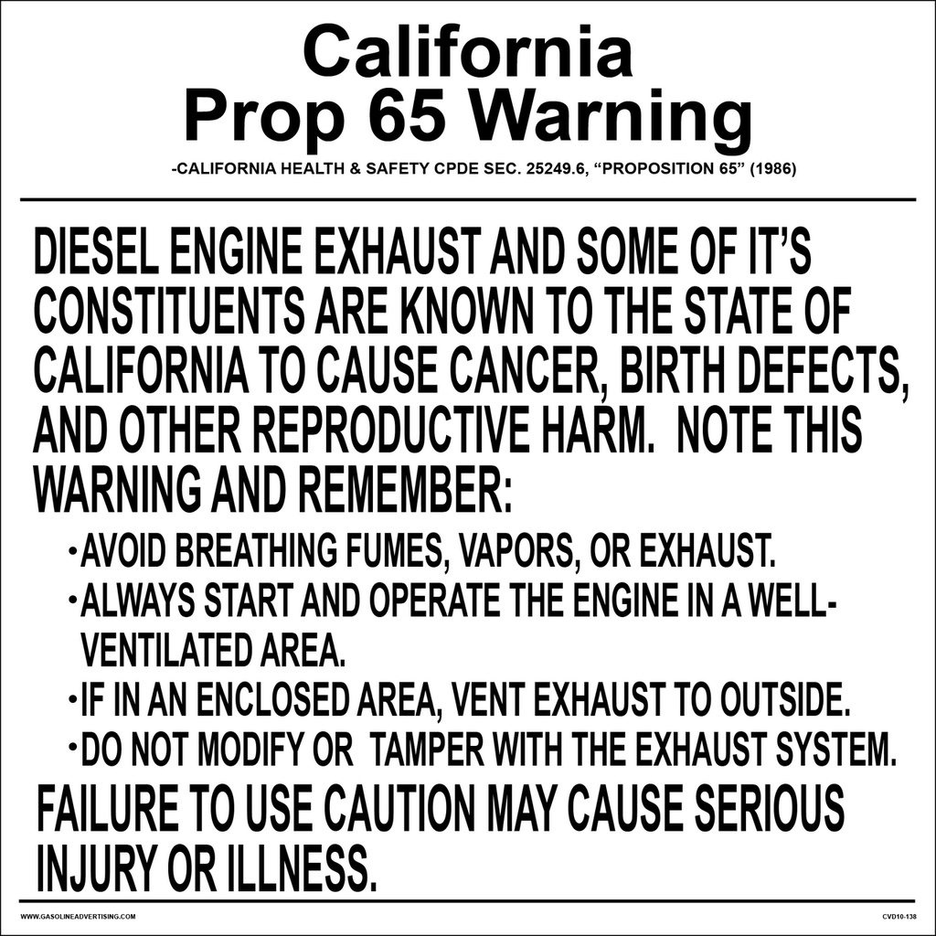 CVD10-138 Health Warning & Safety Decal - CALIFORNIA PROP...