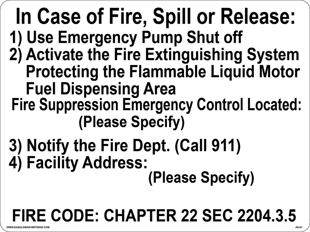 AS-61 - 12" x 16" Metal - In Case of Fire, Spill or Release.