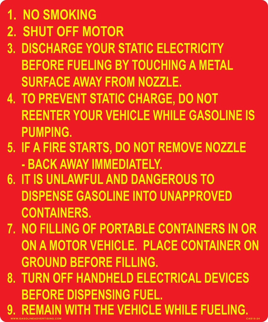 CAS15-24 - 20" x 24" "No smoking Shut Off Motor.." Yellow on Red Aluminum