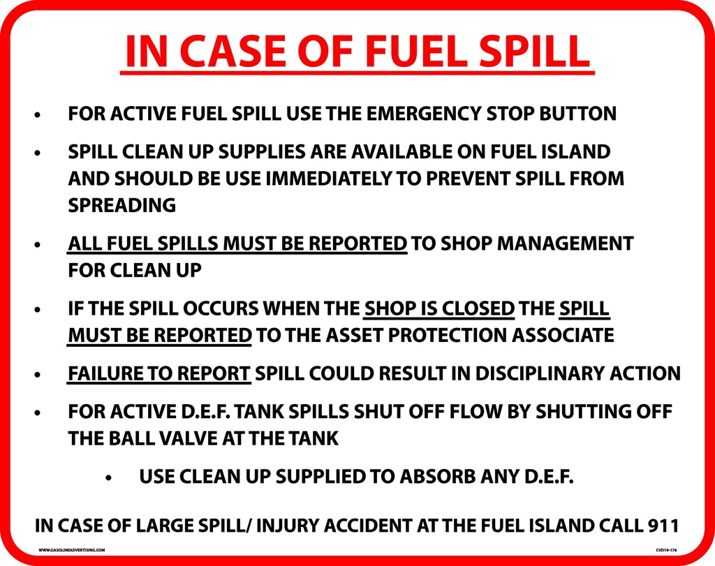 CAS19-178 - 20"W x 16"H IN CASE OF FUEL SPILL Aluminum Sign