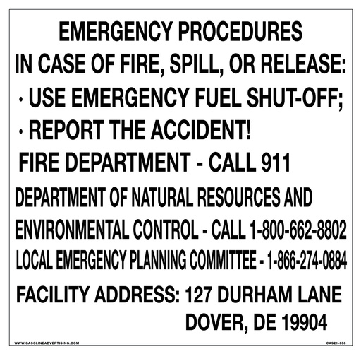 [CAS21-036] CAS21-036 - 12"W x 12"H IN CASE OF FIRE, SPILL, OR RELEASE Aluminum Sign