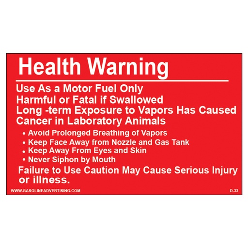 [D-33] D-33 Health Warning & Safety Decal - HEALTH WARNING...