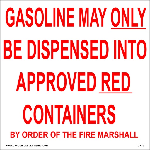 [D-610] D-610 Regulation Decal - GASOLINE MAY ON...