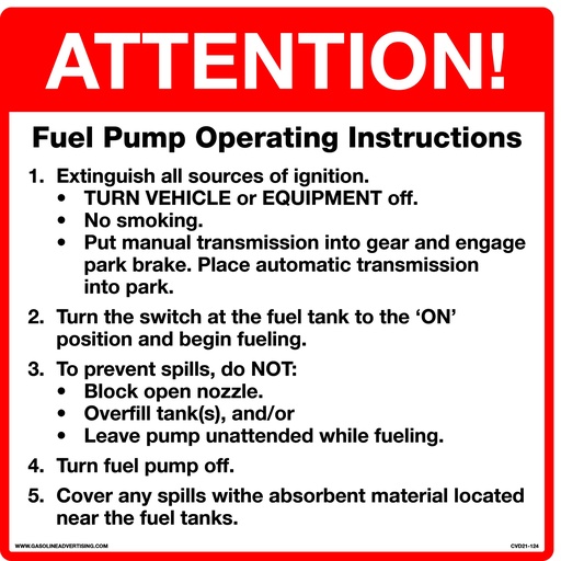 [CVD21-124] CVD21-124 - 12"W X 12"H - Fuel Pump Operating Instructions DECAL