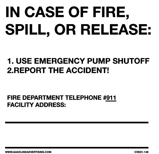 6"W X 6"H - IN CASE OF FIRE, SPILL, OR RELEASE DECAL