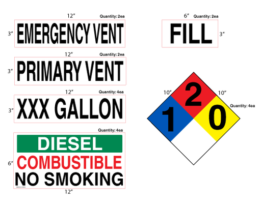 [ASTD-6DSL-KIT] AST Diesel High Performance Graphic Kit - NFPA & Tank 3M Decals - 2 ea. - 12"w x 3"h Emergency Vent Decal 2 ea. - 12"w x 3"h Primary Vent Decal  4 ea. - 12"w x 3"h xxx Gallon Decal  2 ea. - 6"w x 3"h Fill Decal  4 ea. - 12"w x 6"h Diesel Decal  4 ea. - 10"w x 10"h NFPA Decal