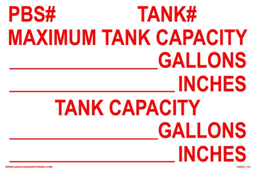 [CVD21-141] CVD21-141 - 12"W X 8"H - Tank Capacity DECAL