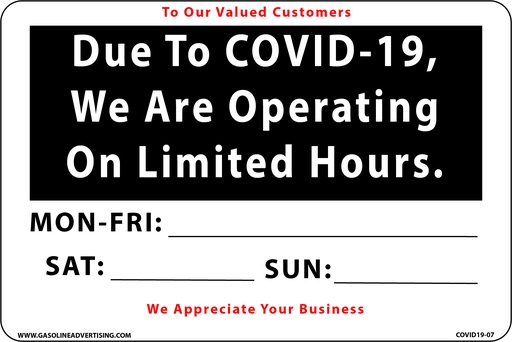 [COVID19-D06] CORONAVIRUS (COVID-19) - Operating Hours Decal 6" W x 4" H