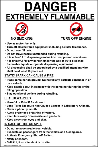 [D-471] D-471 6" x 4" "Danger Extremely Flammable..No Smoking..Turn off Engine..." Black/Red on White decal