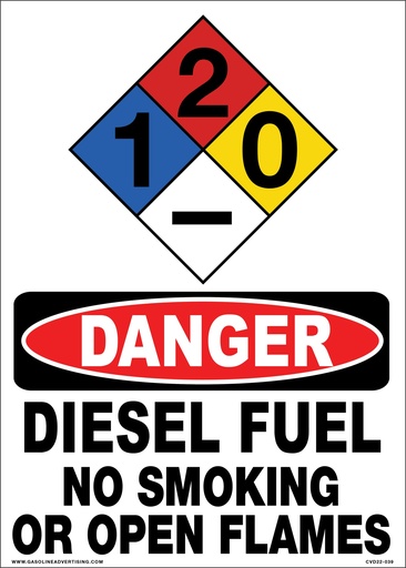 [CVD22-039] CVD22-039 - 10"W x 14"H - 10"w x 14"h "DANGER DIESEL FUEL NO SMOKING NO OPEN FLAMES" with NFPA diamond for Diesel - 1-2-0 White Decal