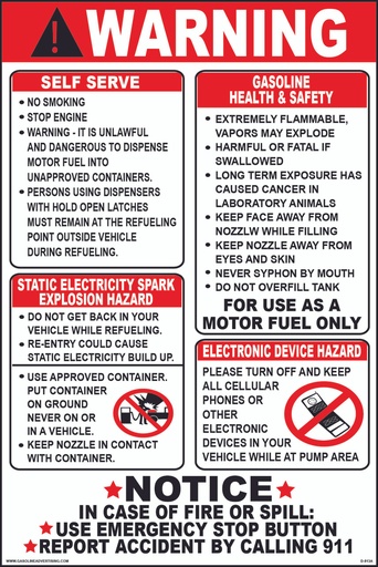 [D-813] MD-598 "Warning-Self Serve… Gasoline Health…Static Explosion..""R/B/W