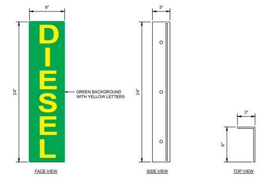 [CBS-246-DSL] CBS-246-DSL 6"w x 24"h "DIESEL" Vertical - with 3" bent bracket with 2ea 52" clamps - Yellow letters on Green background aluminum Sign - double-sided