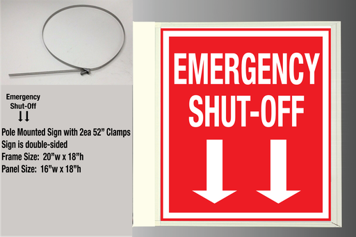 [CBSF-2018-ESO] CBSF-2018-ESO 16"w x 18"h EMERGENCY SHUT-OFF" White on Red - Aluminum Sign - Double-Sided Enclosed in White Frame with 52" clamps