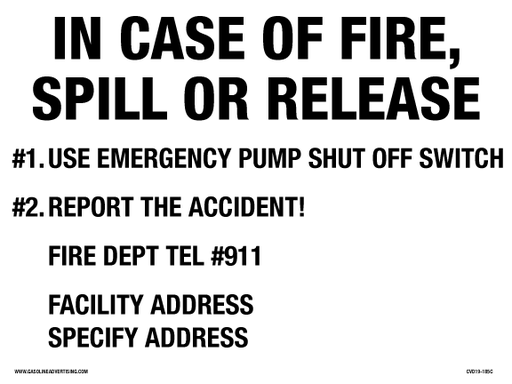 [CVD19-185C] 8"W X 6"H "IN CASE OF FIRE SPILL OR RELEASE..." Black on White Decal