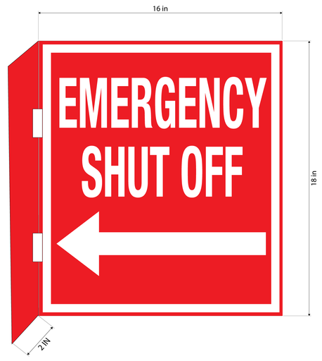[CBS21-03WR] CBS21-03WR 18"w x 18"h "EMERGENCY SHUT OFF" with arrow and with 2" bent bracket with 2ea 52" clamps - White letters on Red background aluminum Sign - double-sided