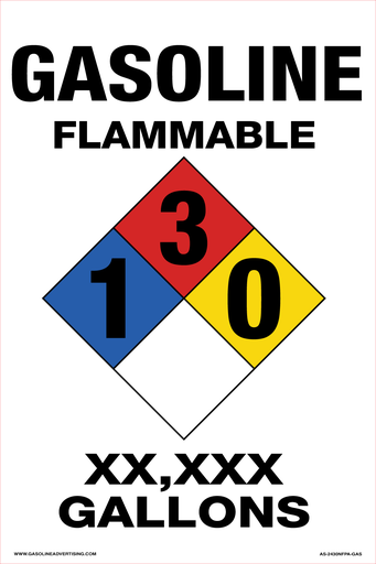 [AS-1624NFPA-GAS] AS-1624NFPA-GAS - 16"W x 24"H  GASOLINE FLAMMABLE GALLONS with NFPA Diamond Color Code - Black on White Aluminum Sign