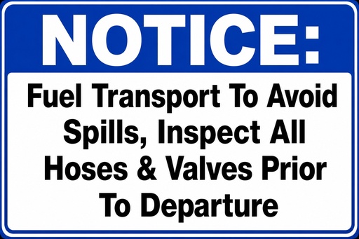 [CAS-1812-INSP] CAS-1812-INSP 18" X12"Aluminum Sign"NOTICE: Fuel Transport To Avoid Spills, Inspect All Hoses & Valves Prior To Departure"
