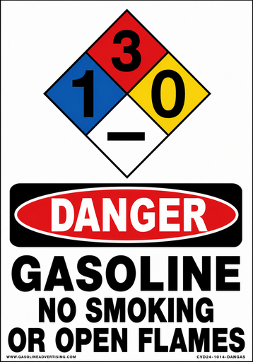 [CVD24-1014-DANGAS] CVD24-1014-DANGAS - 10"W x 14"H - 10"w x 14"h "DANGER GASOLINE NO SMOKING NO OPEN FLAMES" with NFPA diamond for Gasoline - 1-3-0 White Decal