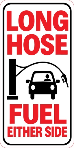 [CAS-188-LHF] CAS-188-LHF - 16" X 8" " LONG HOSE FUEL EITHER SIDE"  Red/Black on White Aluminum sign