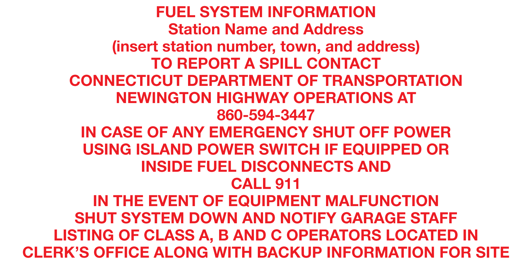 [CES-2412-FSI] CES-2412-FSI - FUEL SYSTEM ISLAND, ½” high lettering R/W - Engraved Plastic - Red on White